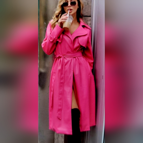 HOT PINK Faux Leather Trench Coat. NEW sz Small - Picture 1 of 10